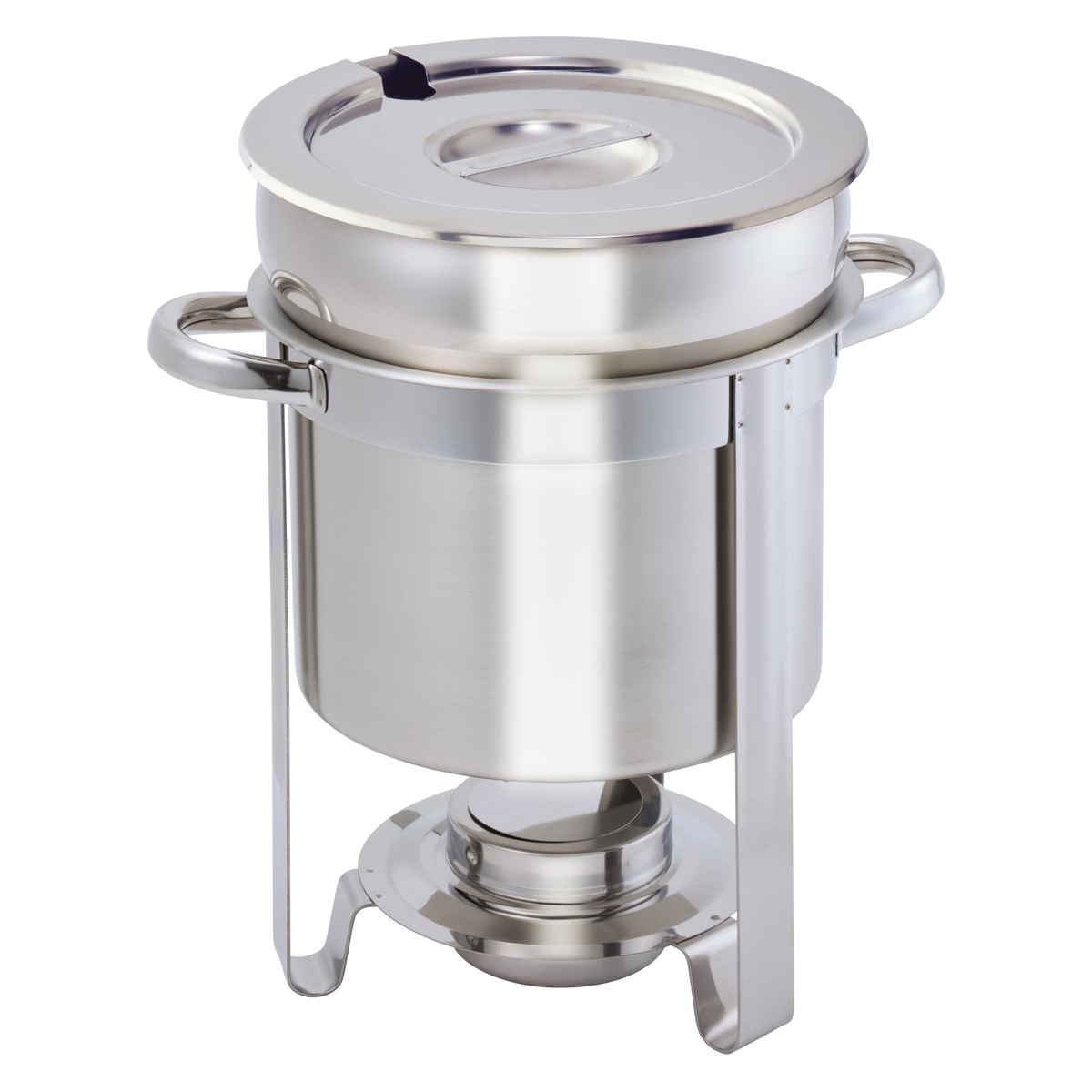 Winco 207 7-quart stainless steel soup warmer fully assembled with cover, handles, frame, and fuel holder
