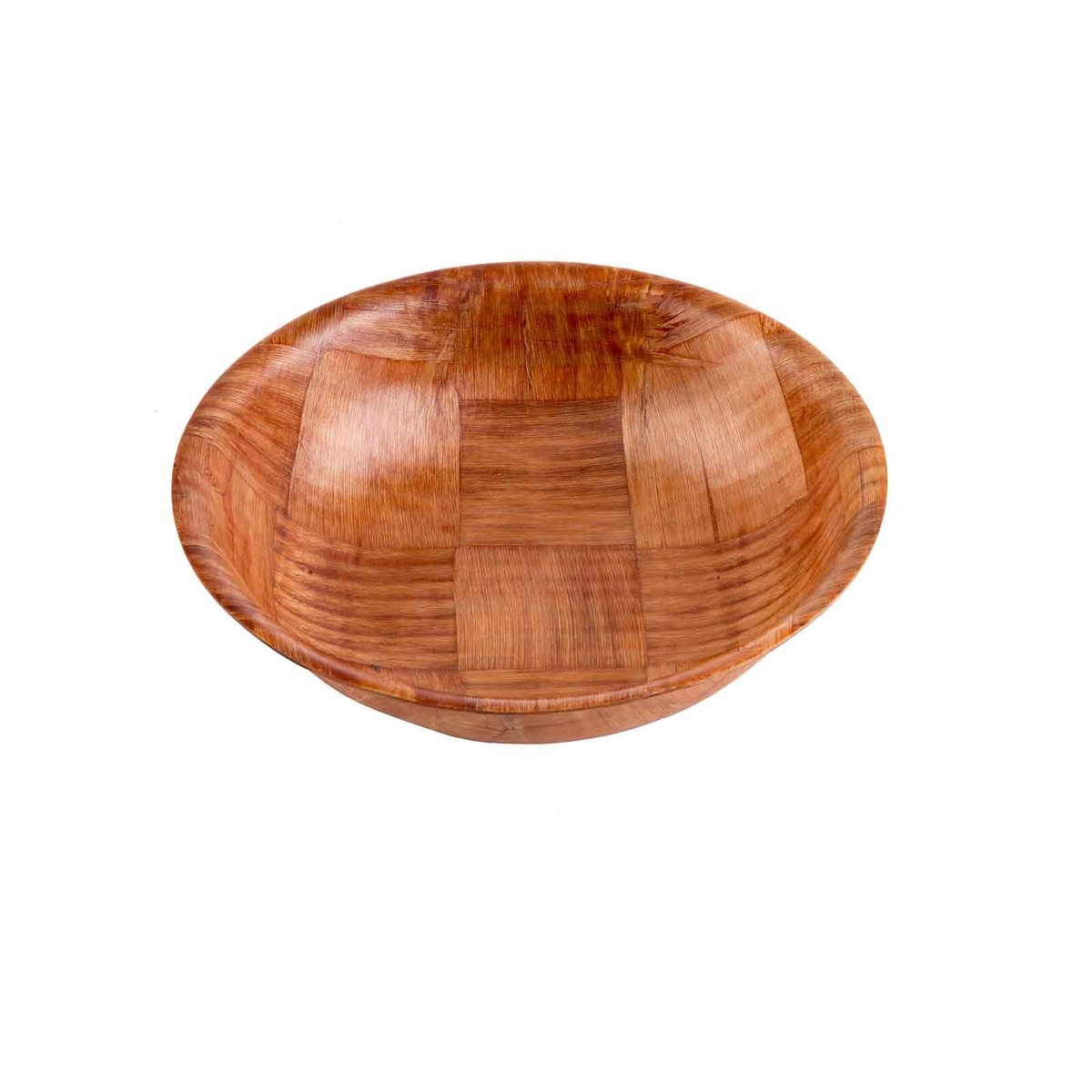 Angled interior view of Tablecraft 208 woven wood salad bowl highlighting depth and bowl curvature