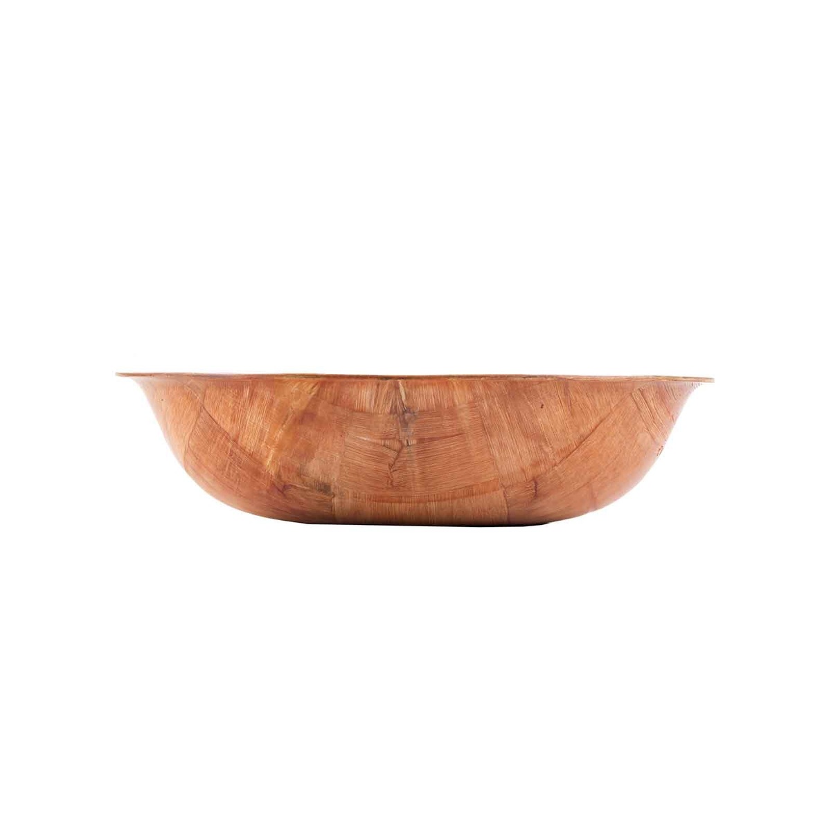 Side profile view of Tablecraft 208 woven wood salad bowl showing low-profile rounded shape