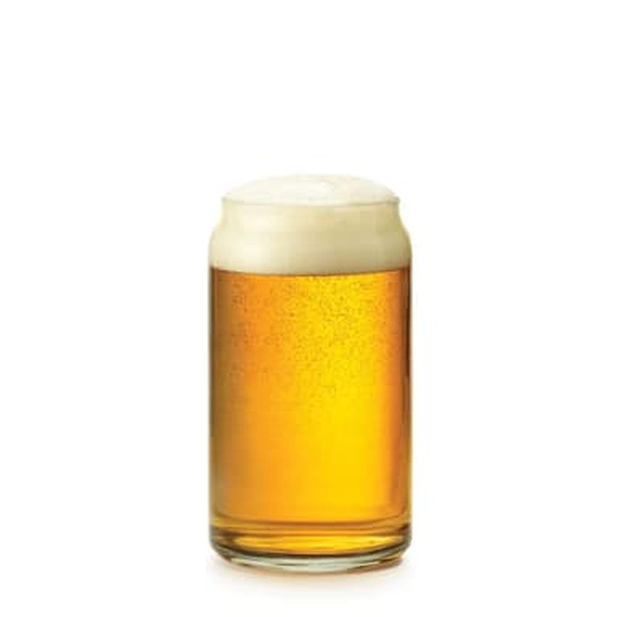 Libbey 209 can glass filled with golden lager beer and a full foam head