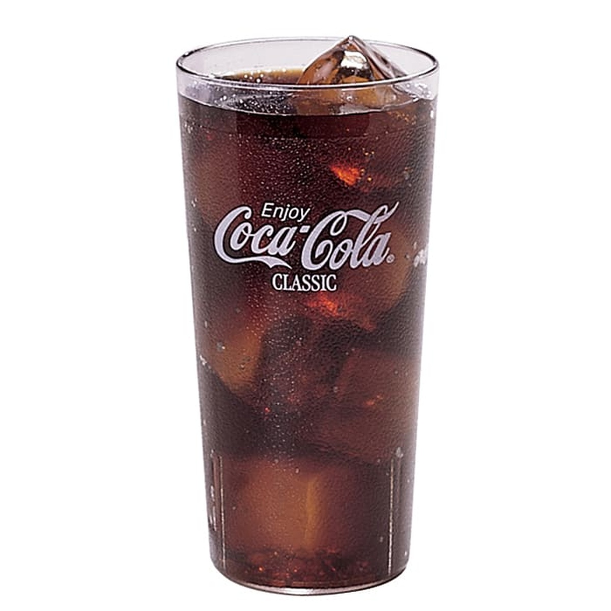 Cambro 20CC152 clear 22 oz Coca-Cola tumbler filled with cola and ice, showing white Enjoy Coca-Cola Classic logo on textured exterior