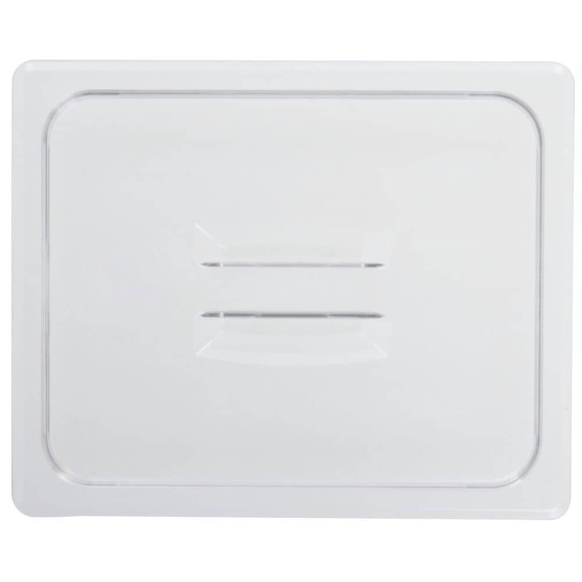 Cambro 20CWCH135 clear polycarbonate half-size food pan cover with molded handle, top-down view