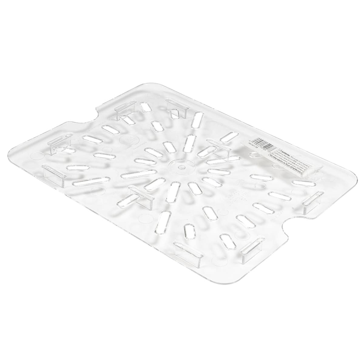 Cambro 20CWD135 clear polycarbonate half-size drain shelf, angled top view showing radial drainage slots and raised support feet