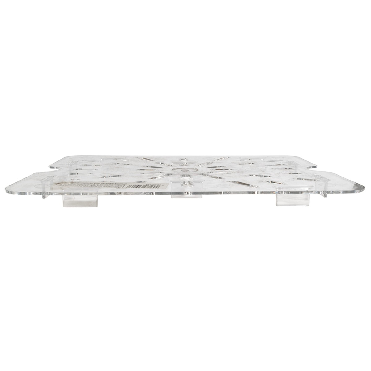 Cambro 20CWD135 clear drain shelf, side profile view showing molded feet that elevate the perforated surface above the pan floor