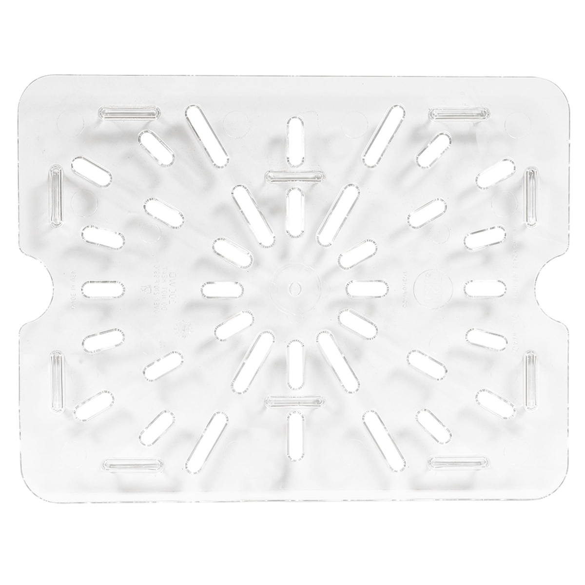 Cambro 20CWD135 clear drain shelf, flat overhead view showing full radial perforated drain pattern and notched corners