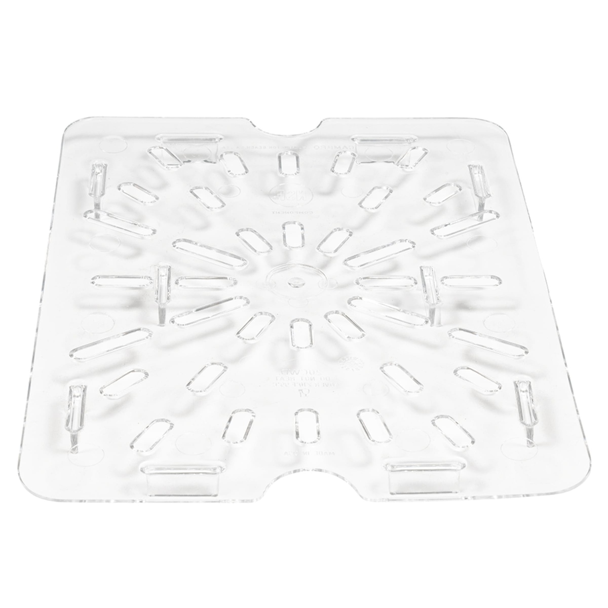 Cambro 20CWD135 clear drain shelf, top-down view showing finger notch cutouts on two sides and raised drain slots