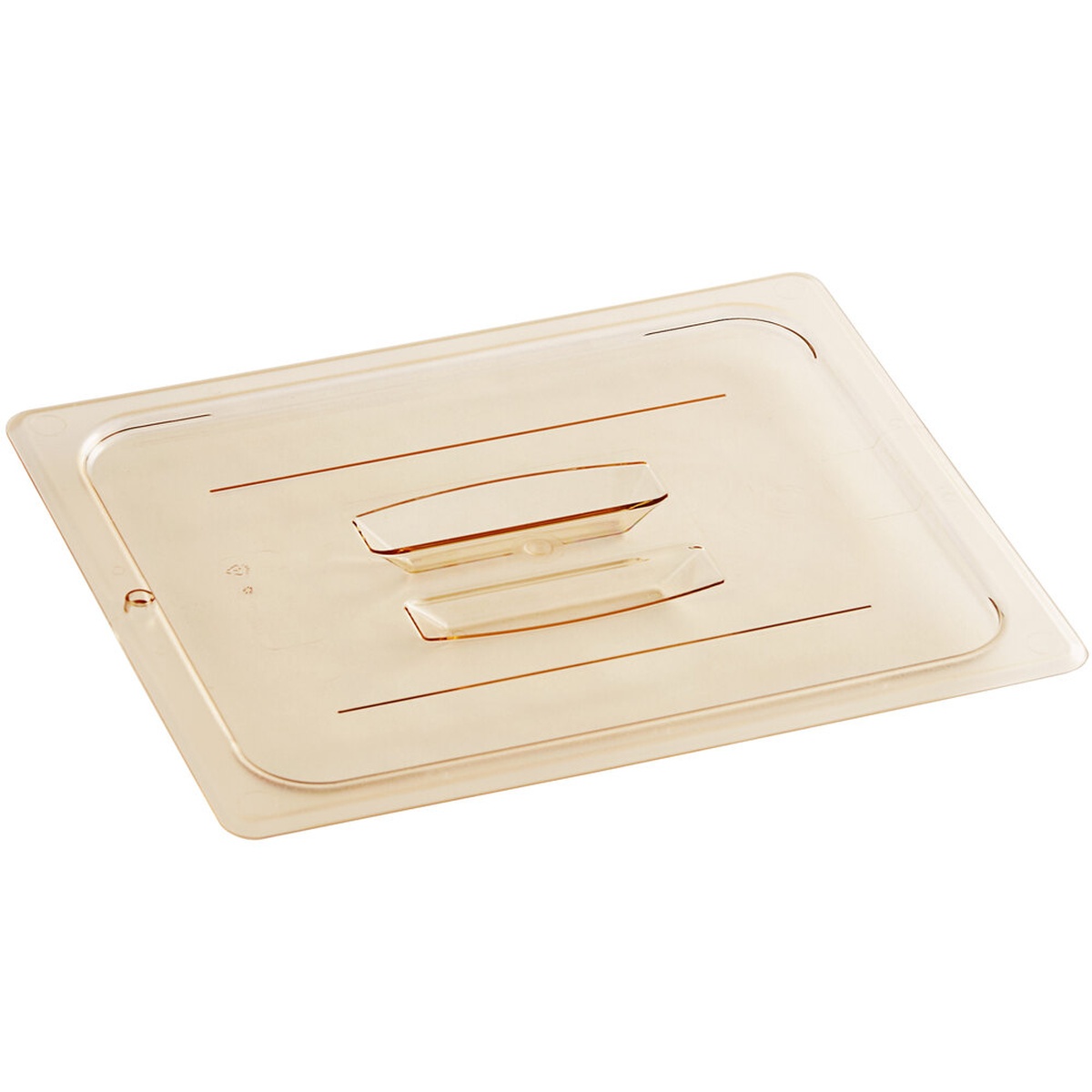 Cambro 20HPCH150 half-size amber high-heat flat lid with integrated handle, shown on white background