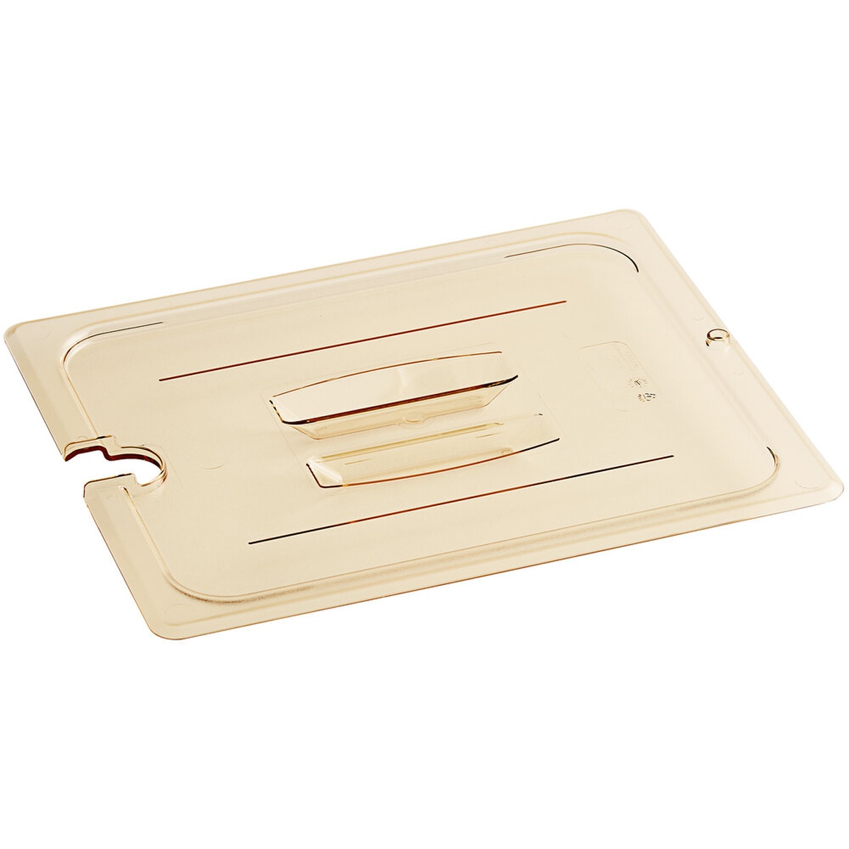 Cambro 20HPCHN150 amber half-size high-heat flat lid with spoon notch and center handle