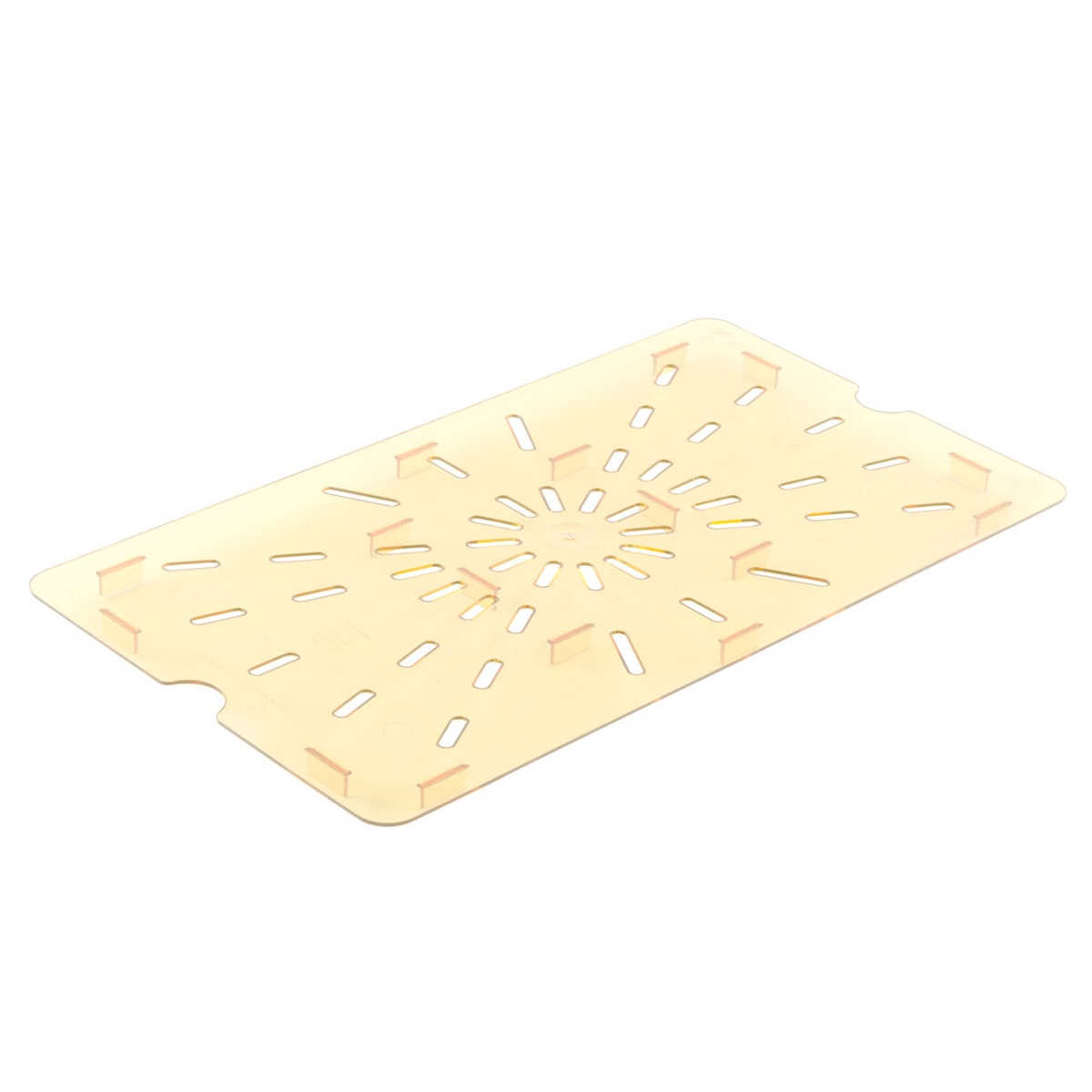 Cambro 20HPD150 half-size amber high-heat perforated H-Pan drain shelf, rectangular with slotted drainage openings