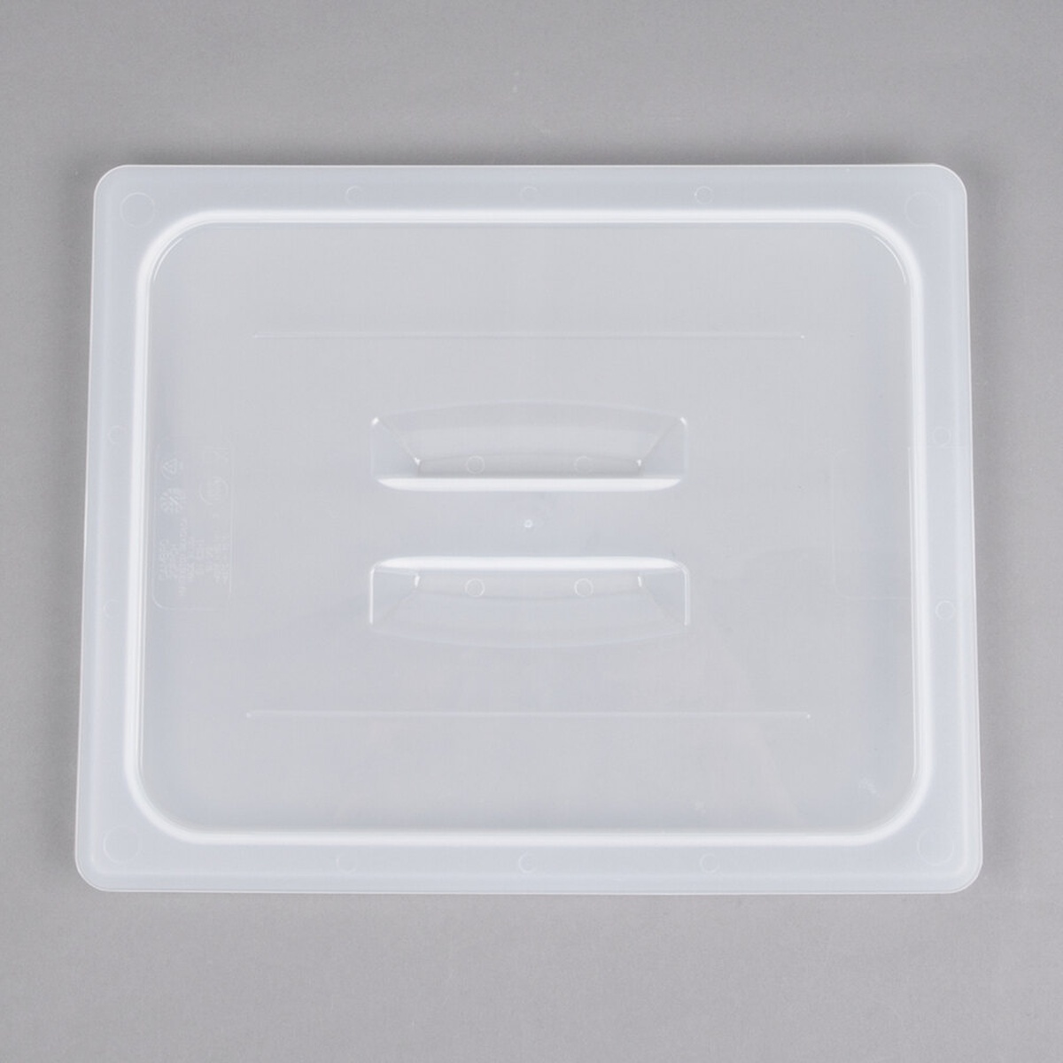 Cambro 20PPCH190 1/2 size translucent polypropylene handled lid, top-down view showing deep molded handle detail