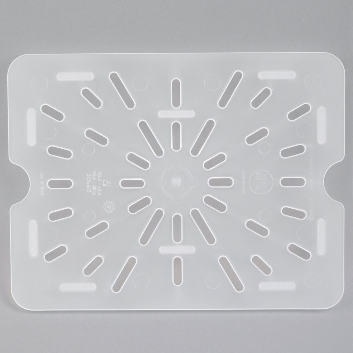 Cambro 20PPD190 half-size translucent polypropylene drain shelf with perforated slots, top-down view