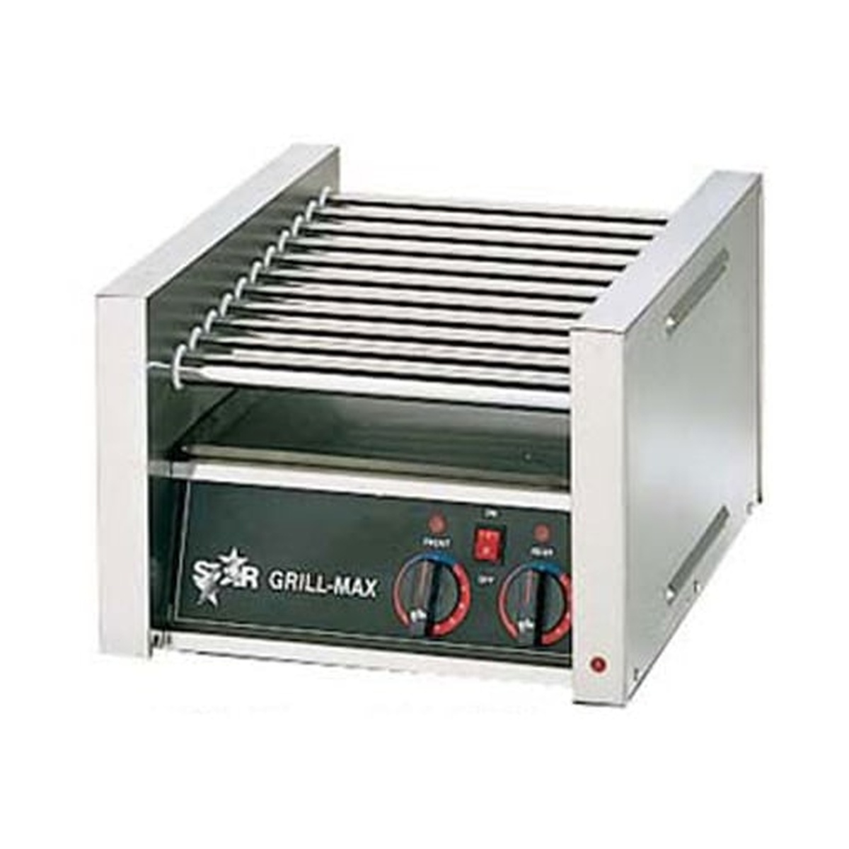 Star Grill-Max 20SC hot dog roller grill with stainless steel body, slanted rollers, and front analog control knobs