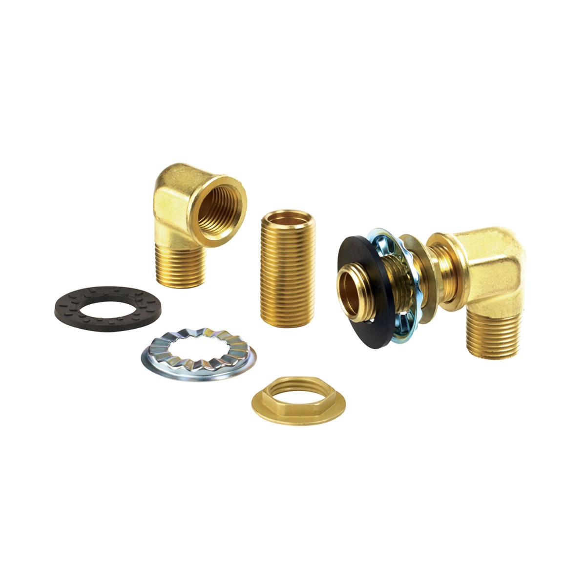 Krowne 21-190L wall faucet mounting kit showing brass elbows, nipples, locknut, rosette, and rubber gasket components on white background
