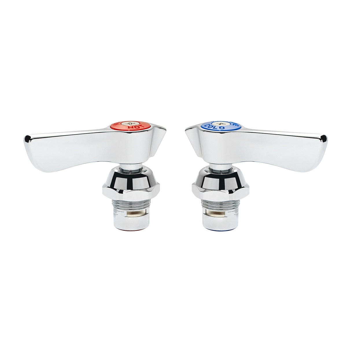 Krowne 21-310L ceramic valve repair kit showing hot (red index) and cold (blue index) chrome wing-handle valve assemblies