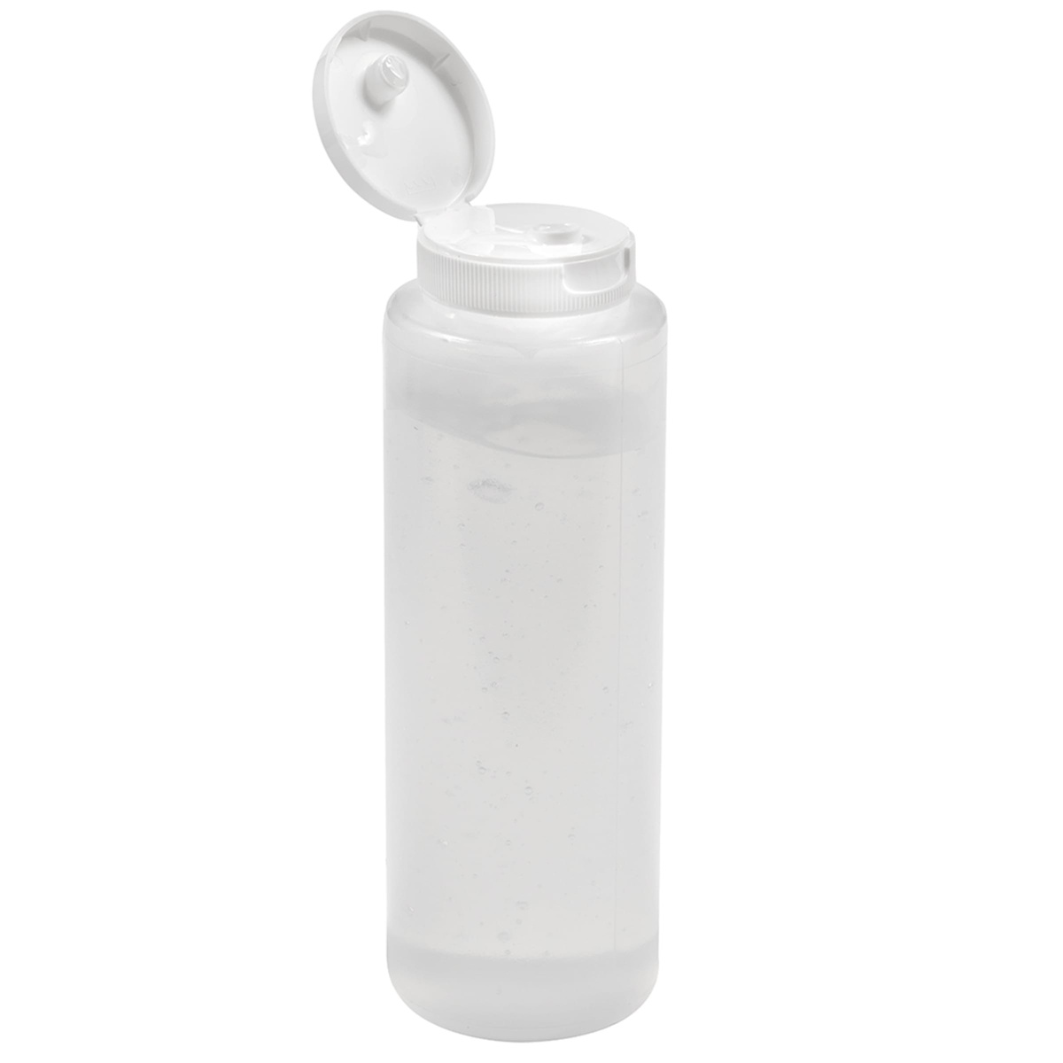 Tablecraft 2108C-1 clear squeeze bottle shown with white hinged lid flipped fully open, revealing dispensing tip