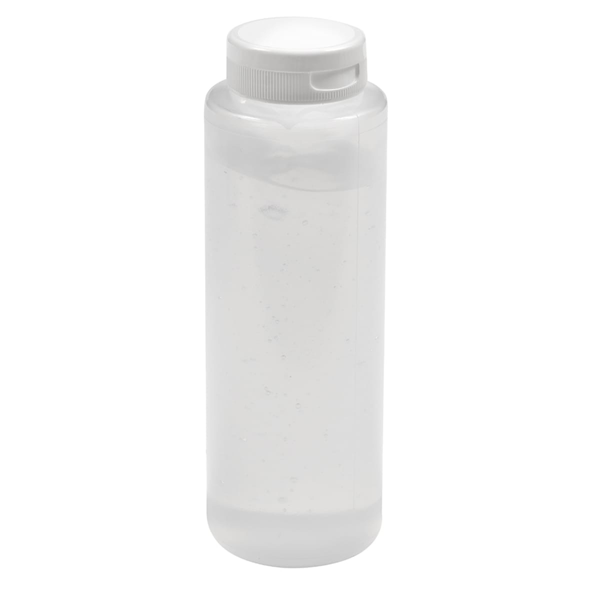 Tablecraft 2108C-1 clear 8 oz squeeze bottle with white hinged cap closed, shown upright on white background