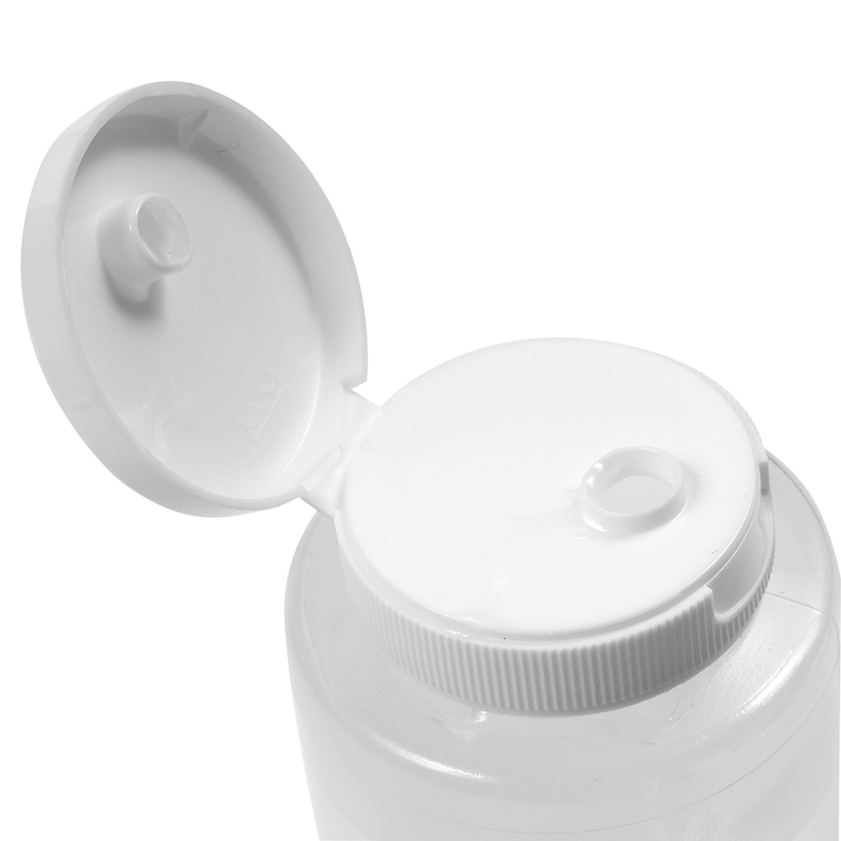 Close-up of the white hinged flip top lid of the Tablecraft 2108C-1 squeeze bottle, showing dispensing hole and ribbed collar