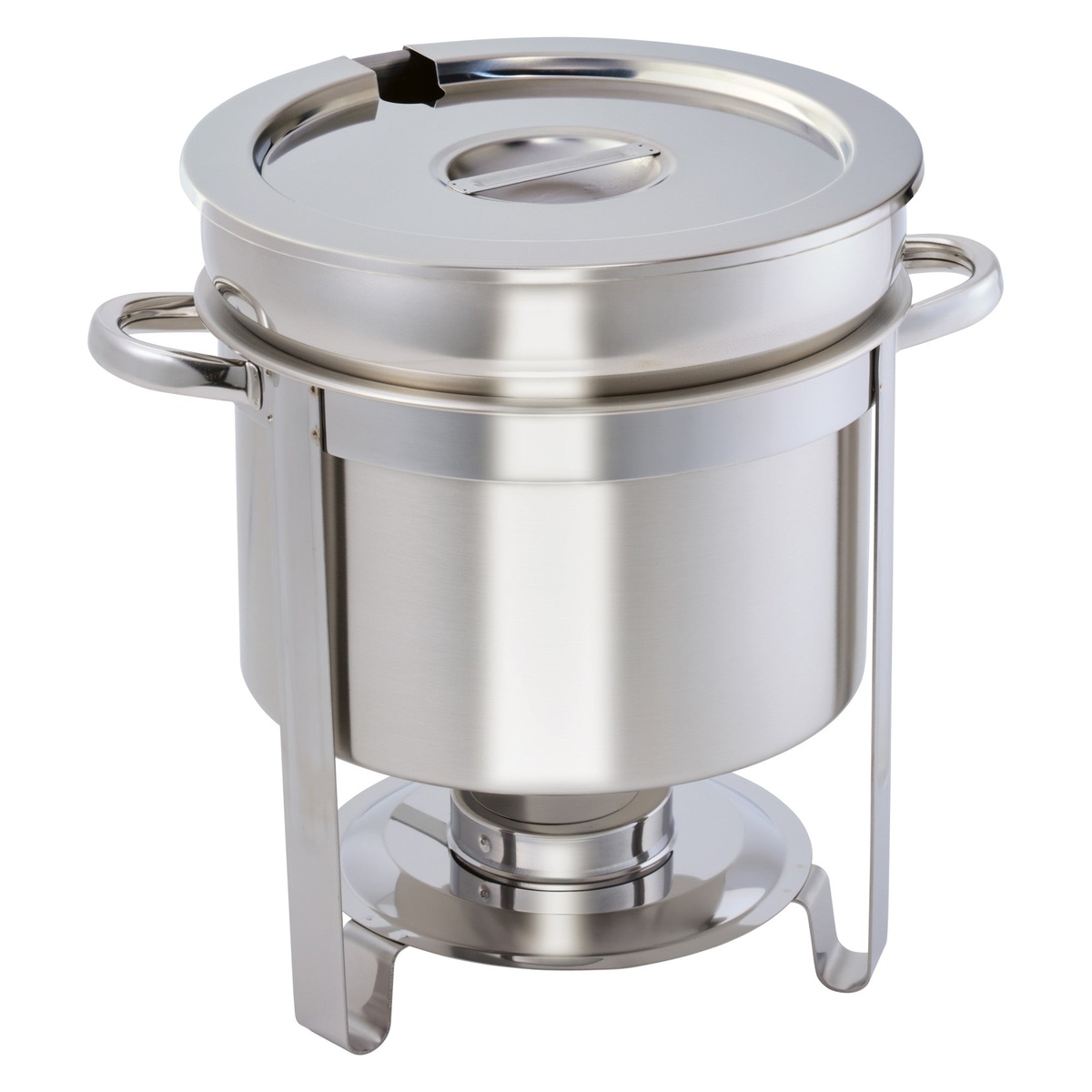 Winco 211 11-quart round stainless steel soup warmer fully assembled with cover, frame, and fuel holder