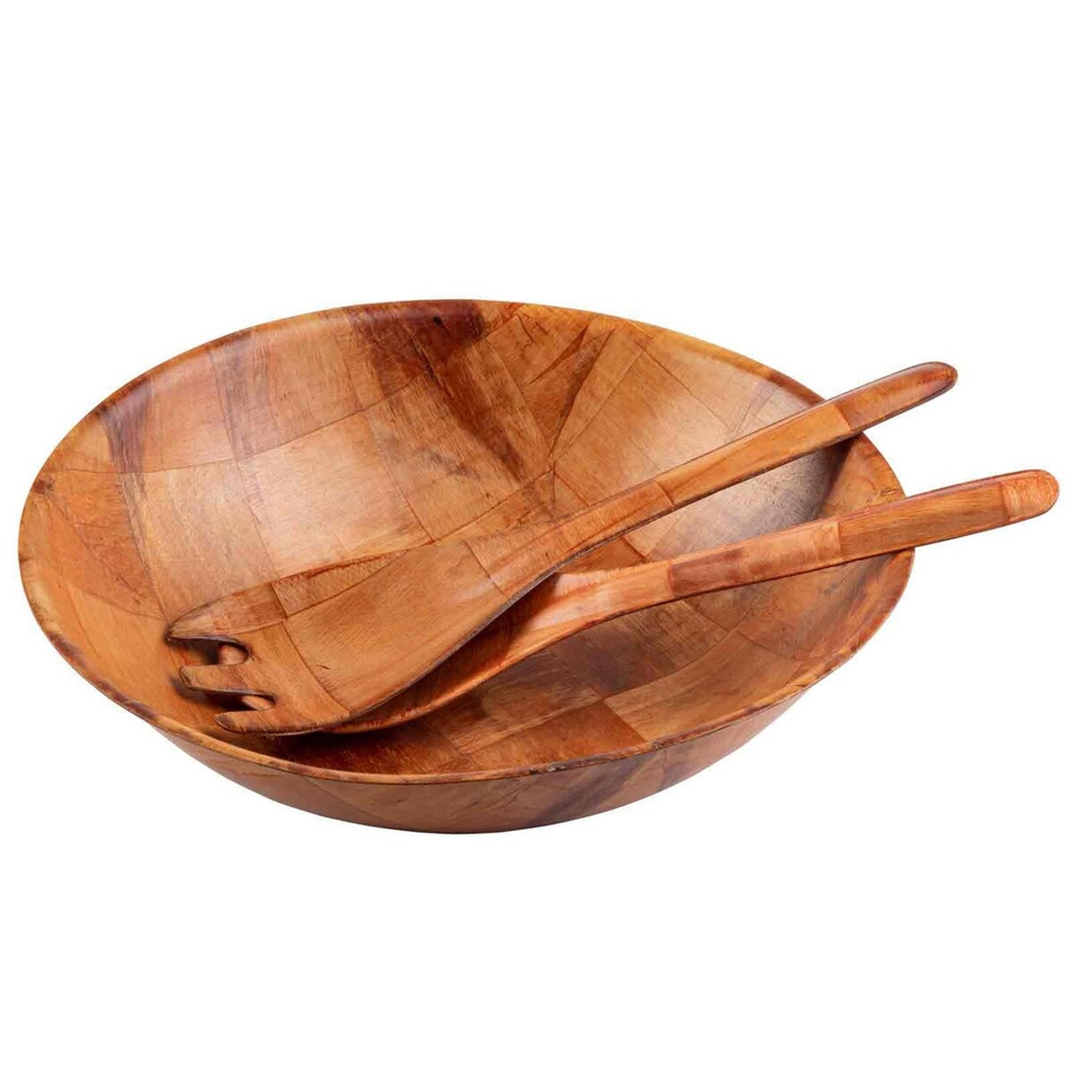 TableCraft woven wood salad bowl with wooden fork and spoon utensils resting inside