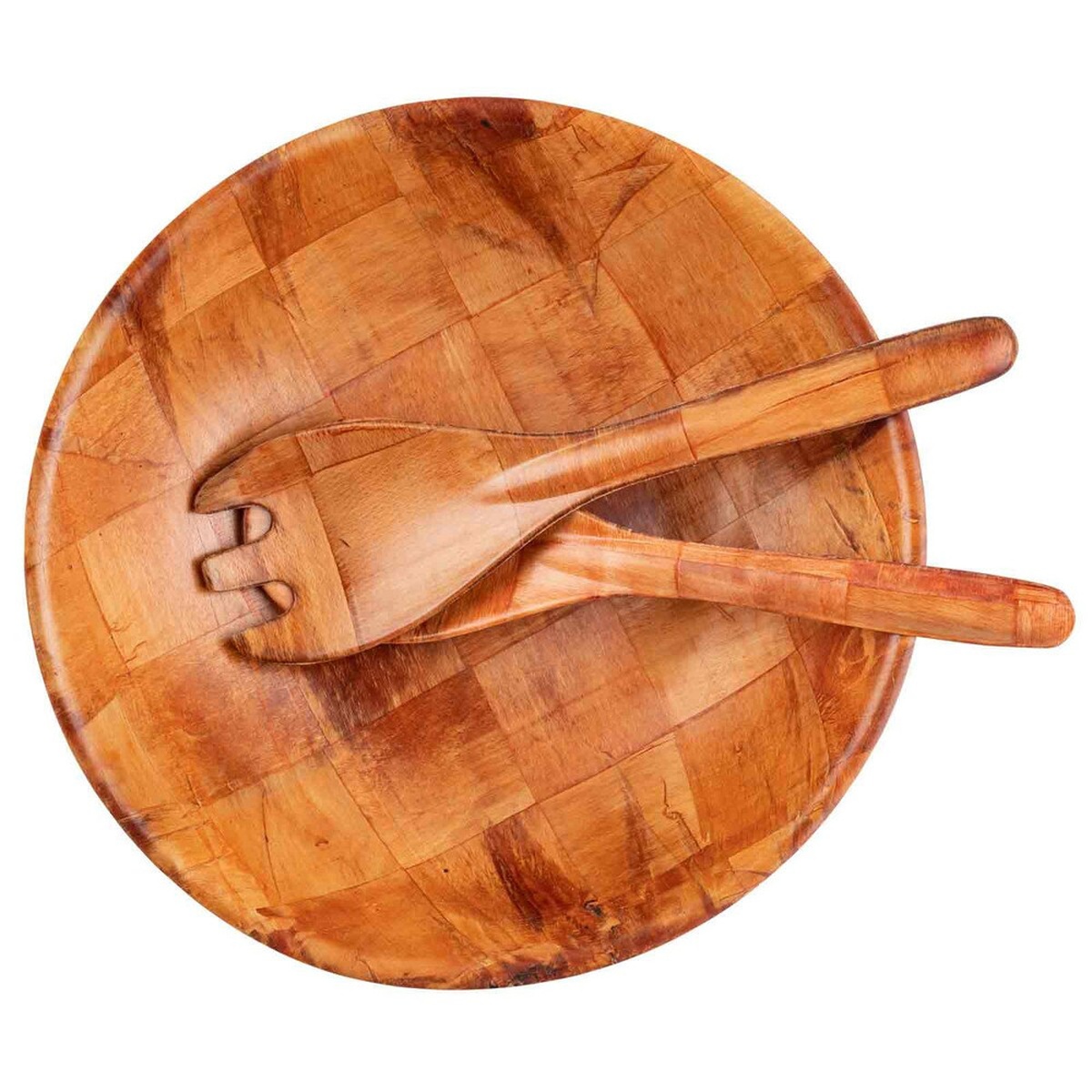 Top-down view of TableCraft woven wood salad bowl with wooden fork and spoon utensils