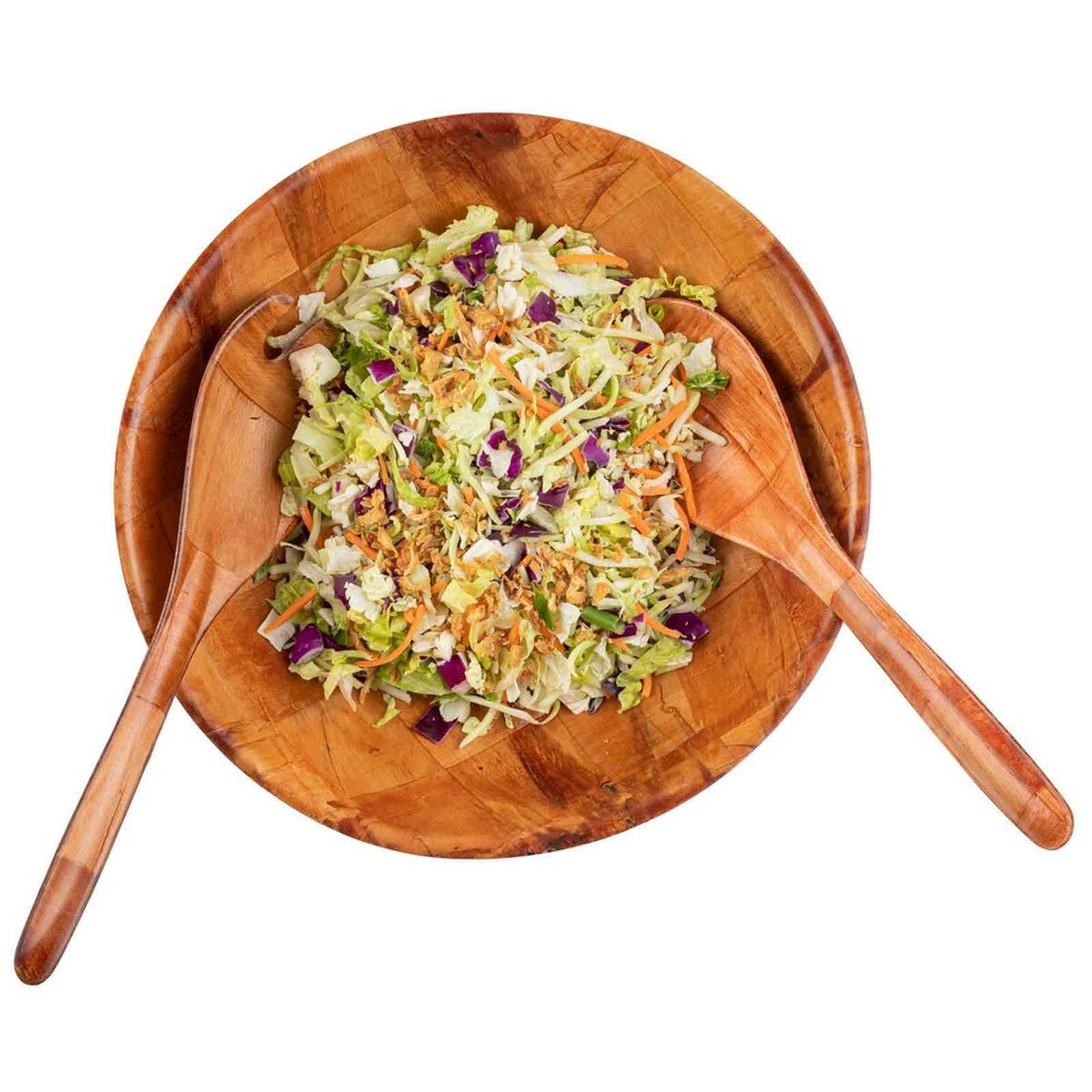 Top-down view of TableCraft woven wood salad bowl filled with fresh chopped salad and wooden utensils