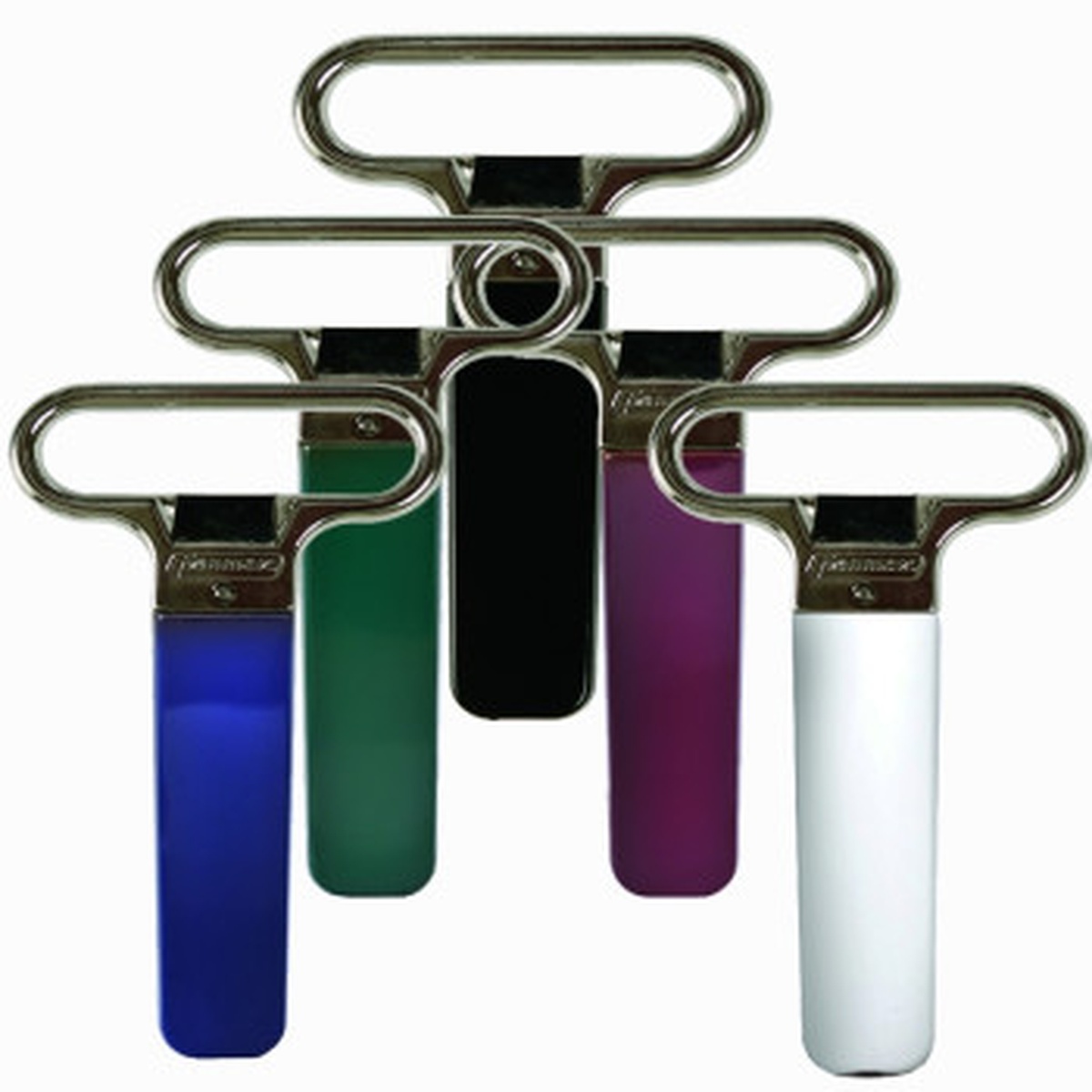 Franmara Ahh Super two-prong chrome cork extractors displayed with five ABS plastic sheath color options: blue, dark green, black, burgundy, and white