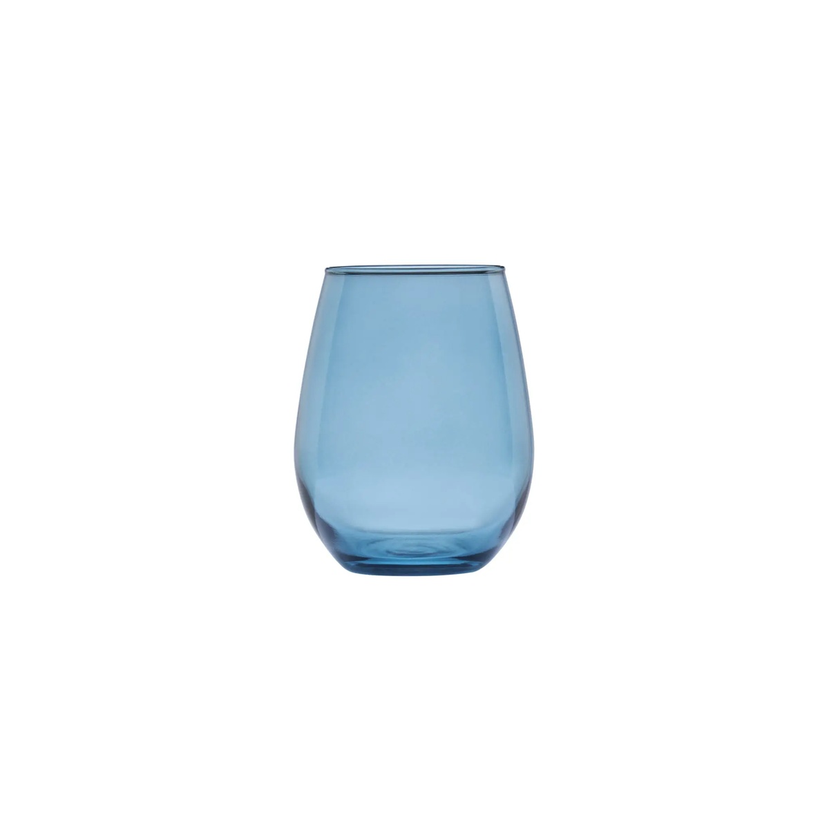 Libbey 217 sapphire blue stemless wine glass on white background
