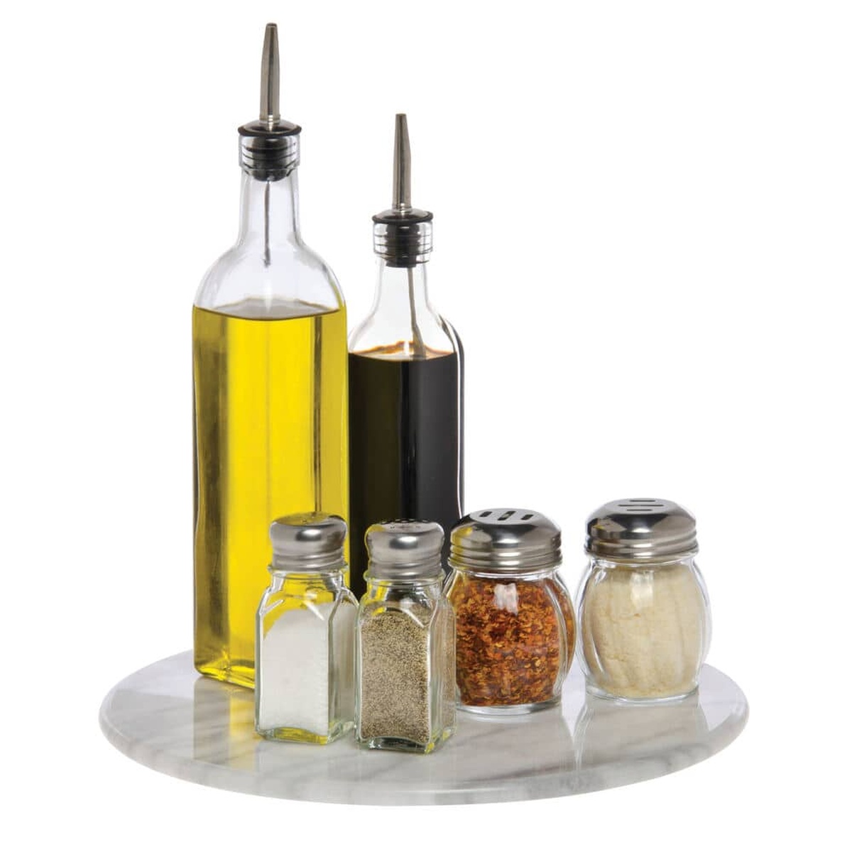 Norpro 219 Marble Lazy Susan displayed with oil bottles and spice shakers on a white background
