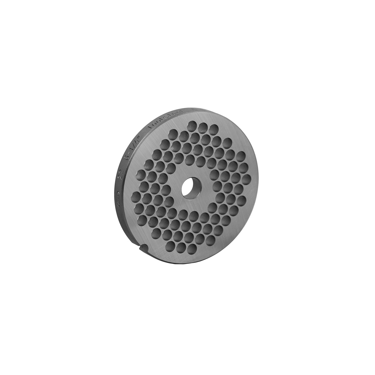Front angled view of the Alfa International 22-1/2 HBLS hubless chopper plate showing maximum-drilled 1/2-inch holes across the face