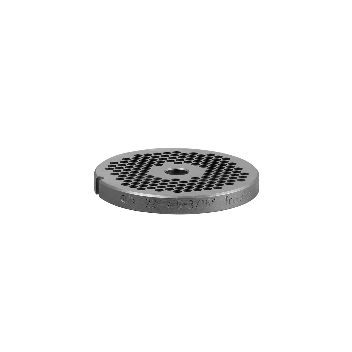 Side-angle view of the Alfa International #22 hubless chopper plate showing edge engraving with size 22, 4.5-3/16 inch and Toolsteel markings