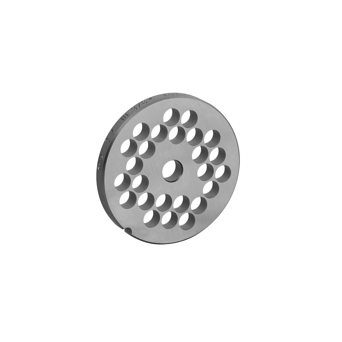 Front angled view of the Alfa International 22 3/8 HBLS hubless chopper plate showing high-density hole pattern