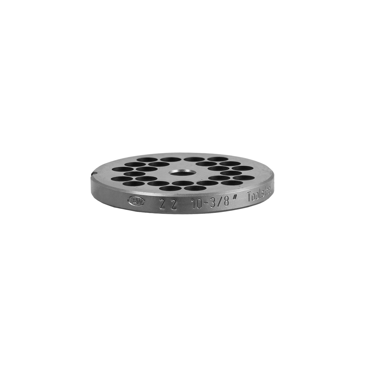 Side profile view of the L&W 22 3/8 HBLS chopper plate showing L&W branding and Toolsteel engraving on the edge