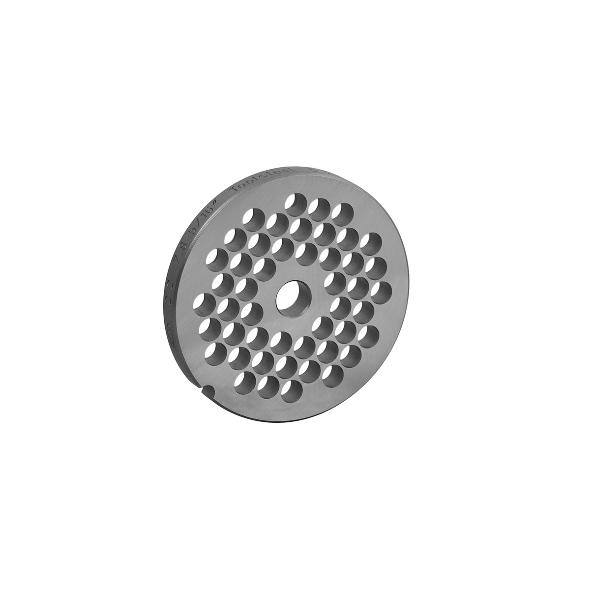 Front view of Alfa International 22 5/16 HBLS hubless chopper plate showing uniform drilled hole pattern