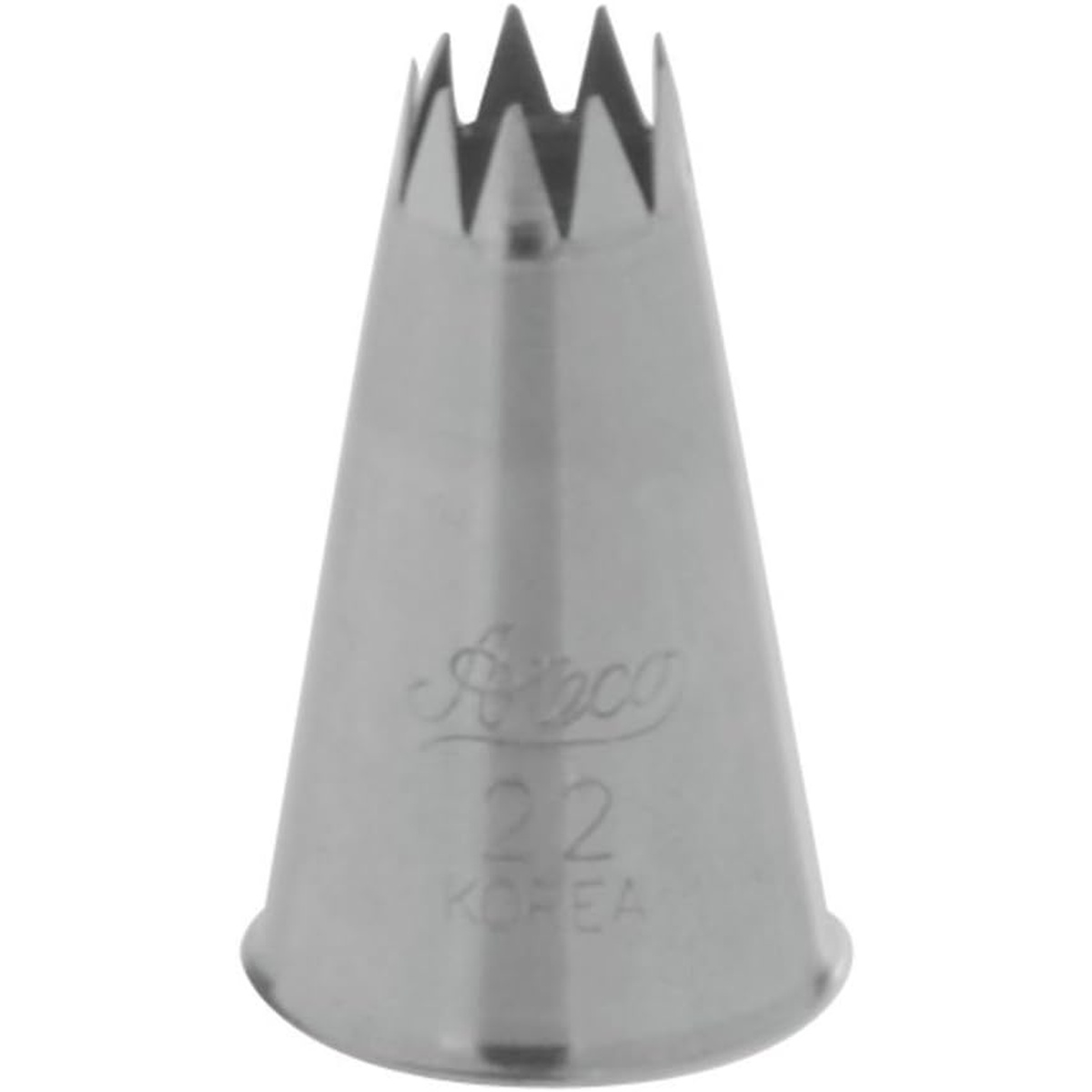 Ateco #22 open star piping tip side view showing stamped branding and deep star teeth