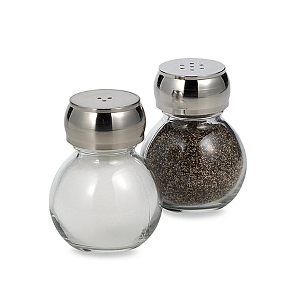 Olde Thompson Orbit salt and pepper shaker set with clear glass globe bases and brushed stainless steel tops