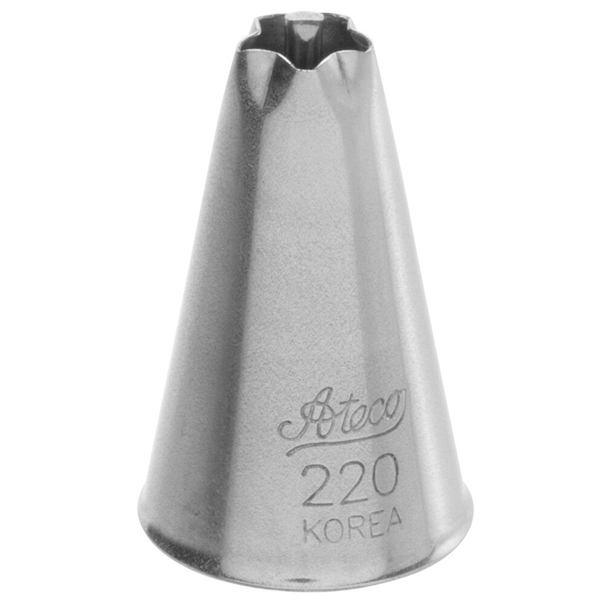 Ateco 220 stainless steel drop flower piping tip showing 5-petal opening and center post