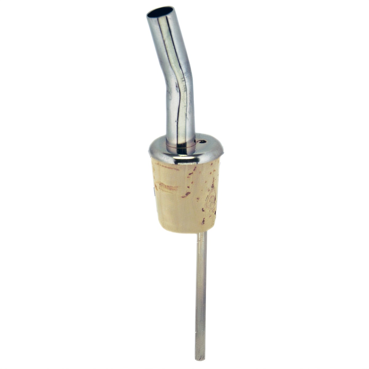 Spill-Stop 220-00 chrome jet liquor pourer with natural cork stopper and chrome vent rod