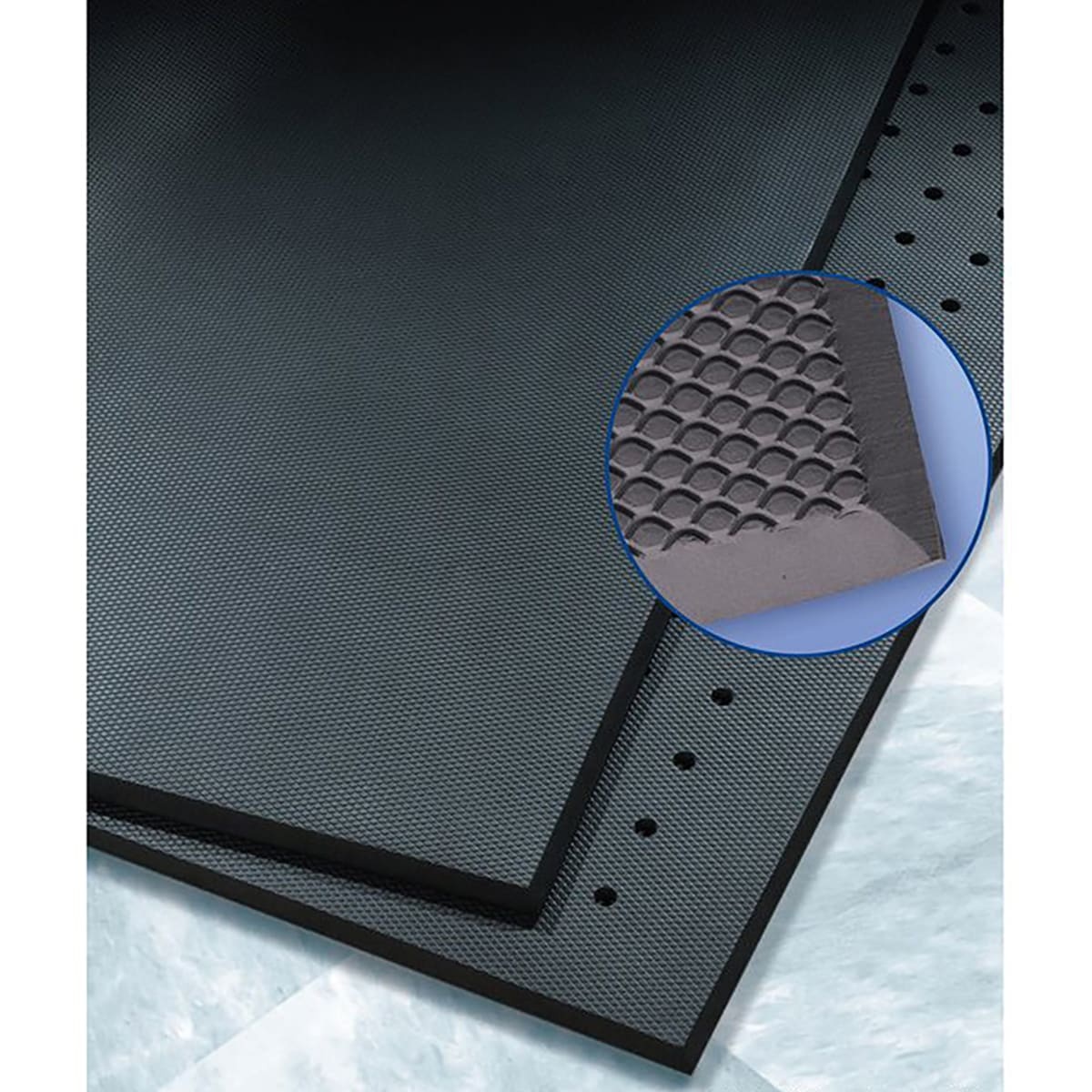 Cactus Mat 2200-23H VIP Black Cloud black rubber floor mat corner detail showing drain holes, tapered edge, and textured bottom surface
