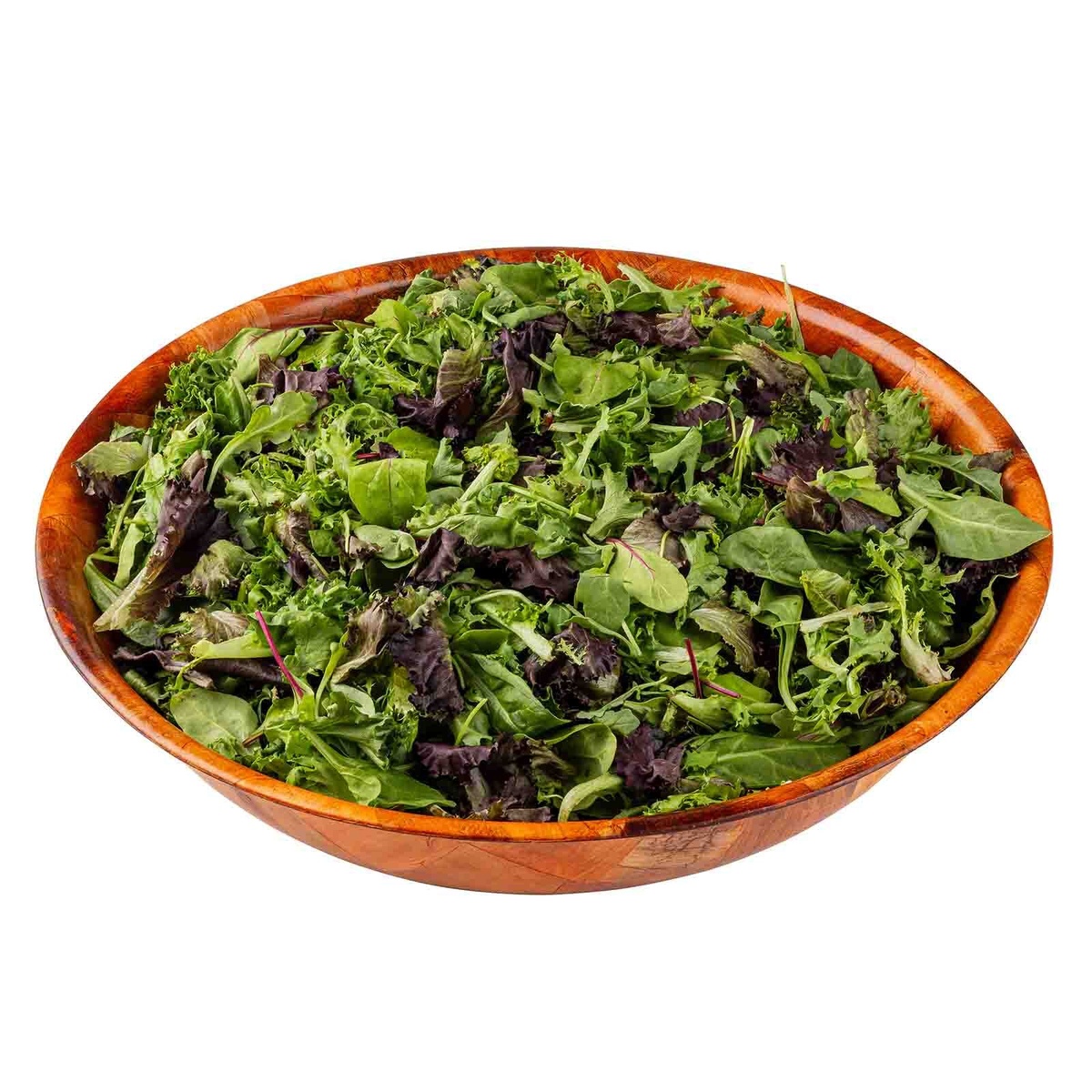 TableCraft 220W woven wood salad bowl filled with fresh mixed greens on white background