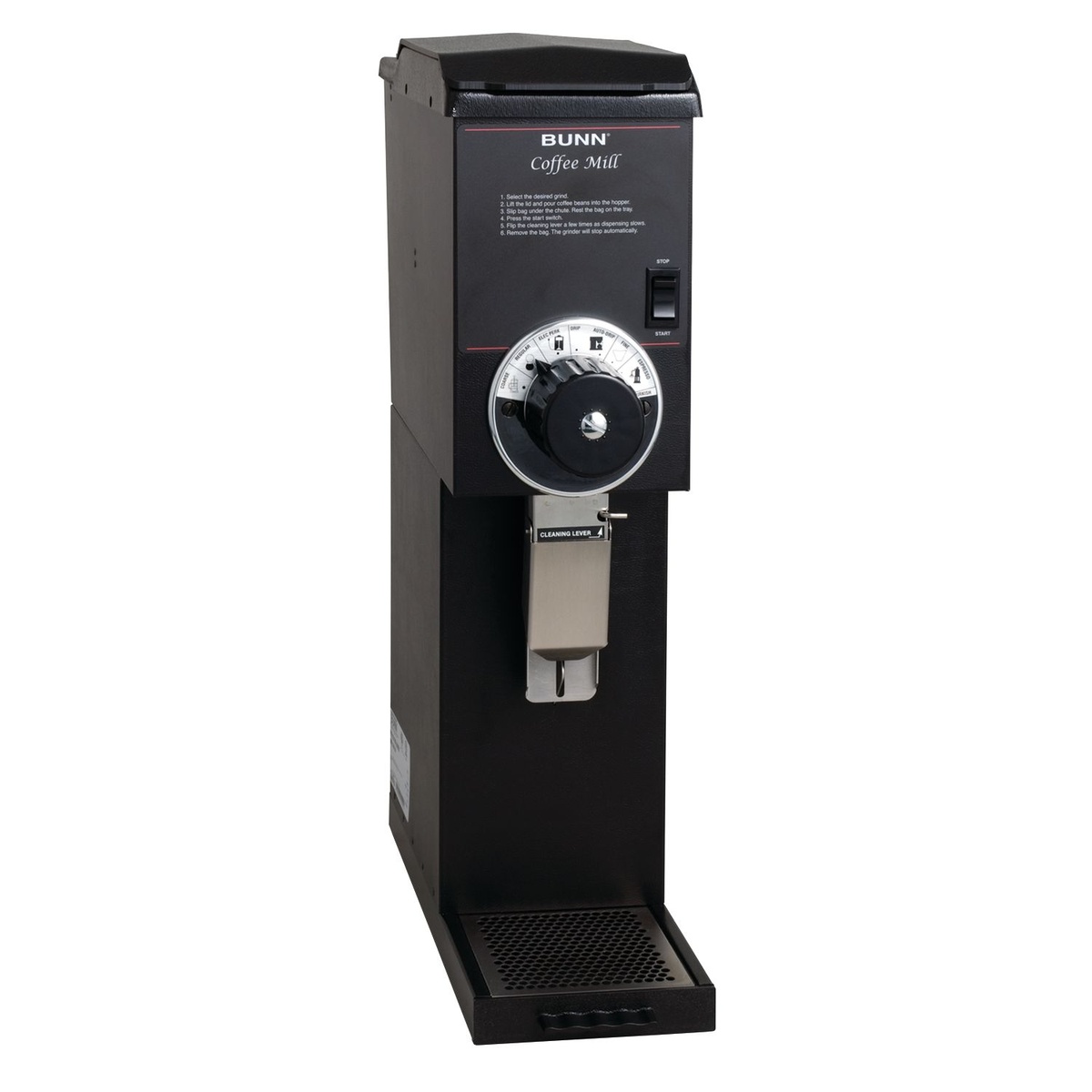 BUNN G3 HD Black bulk coffee grinder with grind selector dial and cleaning lever on white background