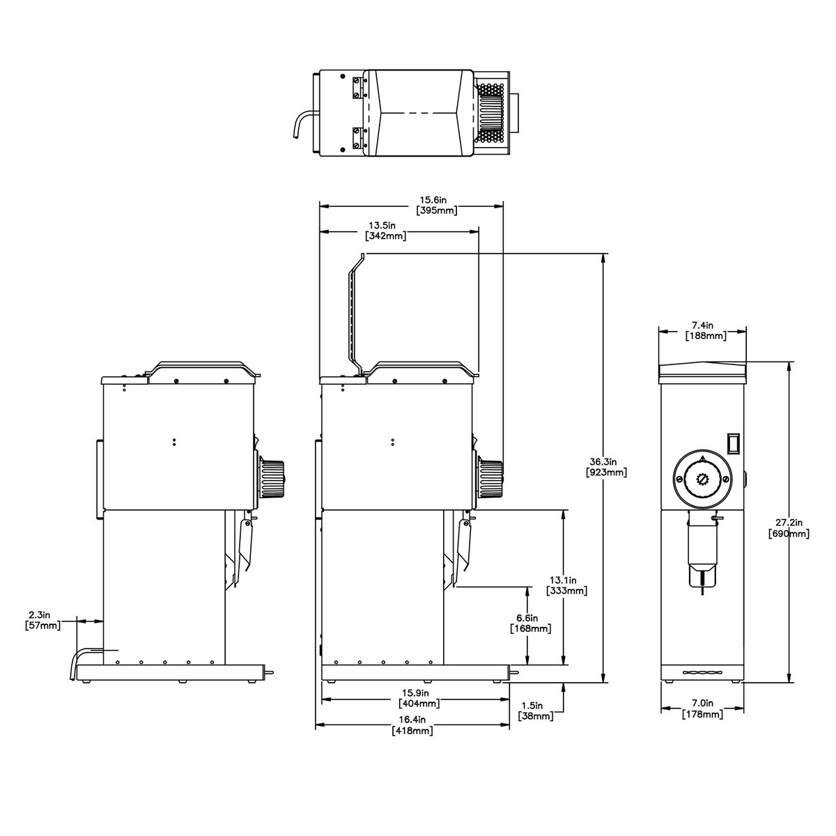 BUNN G3 HD Black coffee grinder technical dimensional drawing showing height, width, and depth measurements