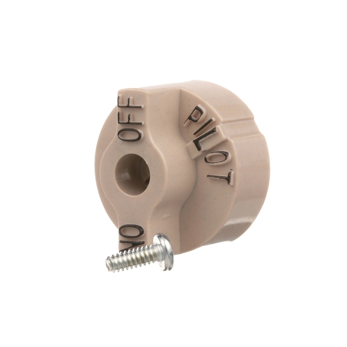 AllPoints 221014 beige plastic gas valve knob with ON OFF PILOT labels and mounting screw, angled side view