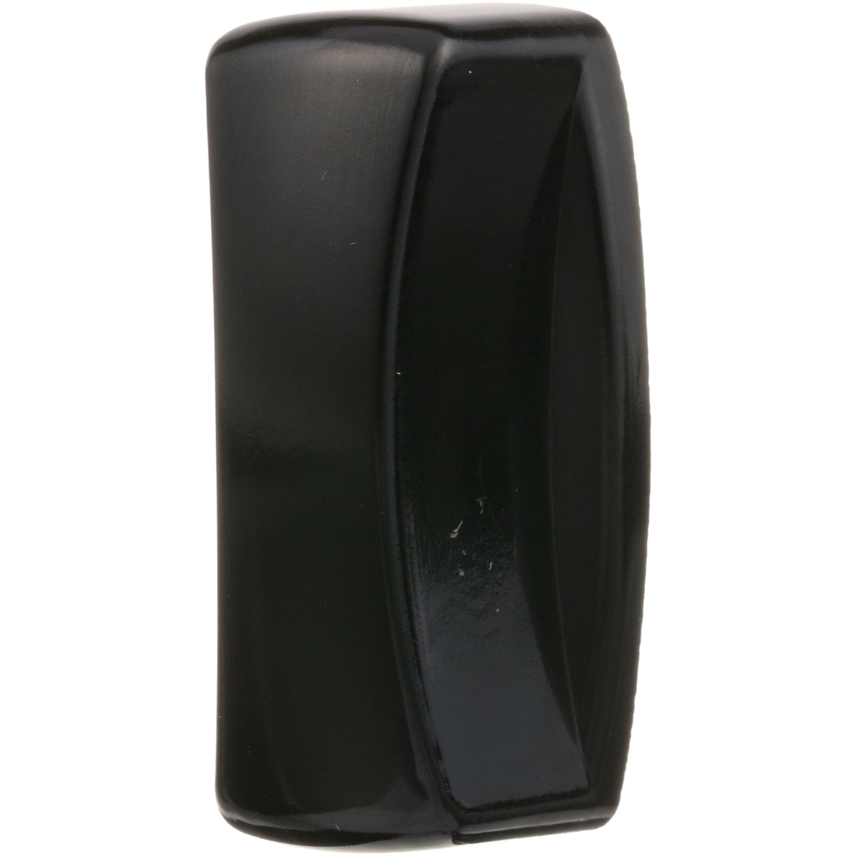 Black plastic burner valve knob angled side view showing concave grip profile