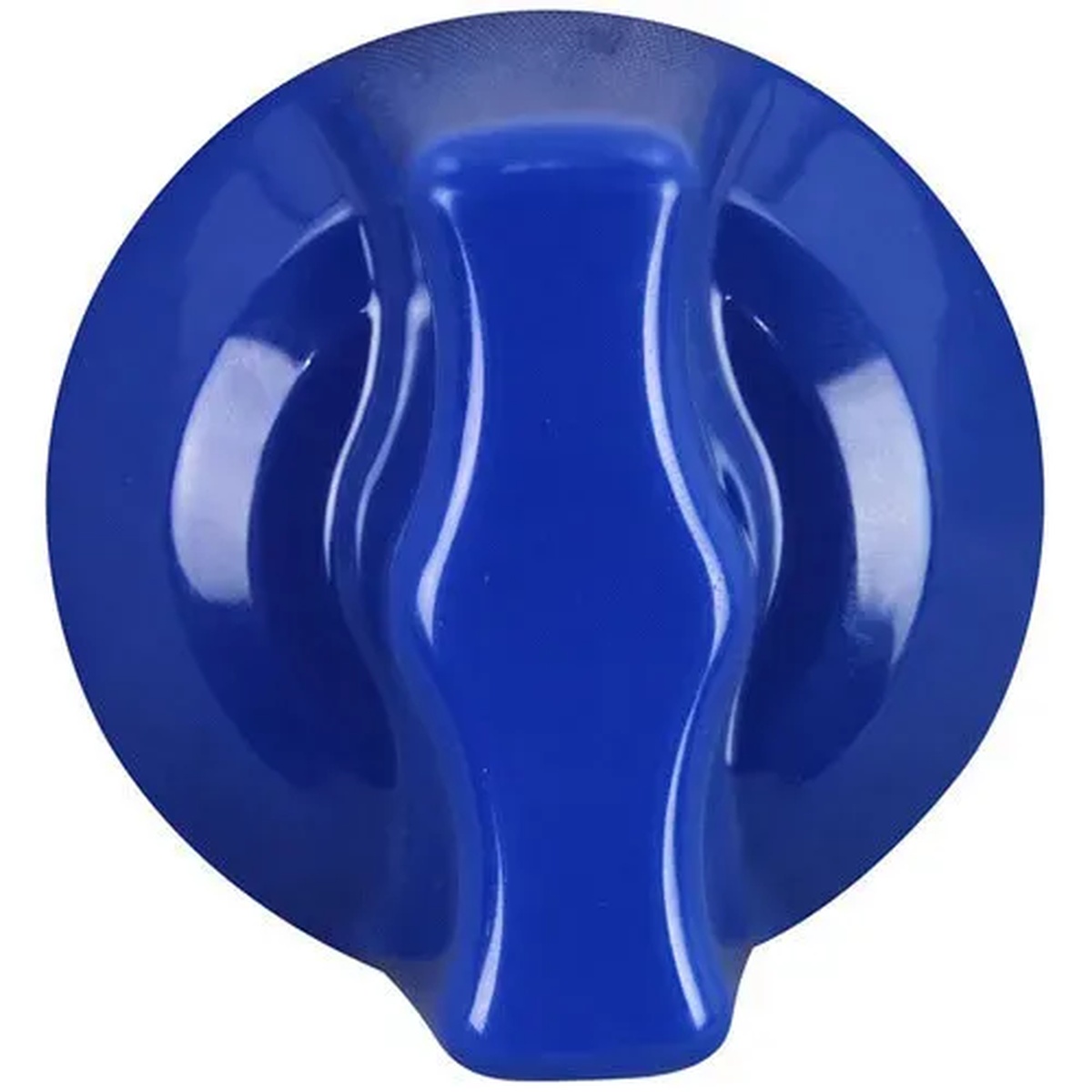 Blue plastic on/off burner valve knob with 2-5/16 inch diameter, viewed from front