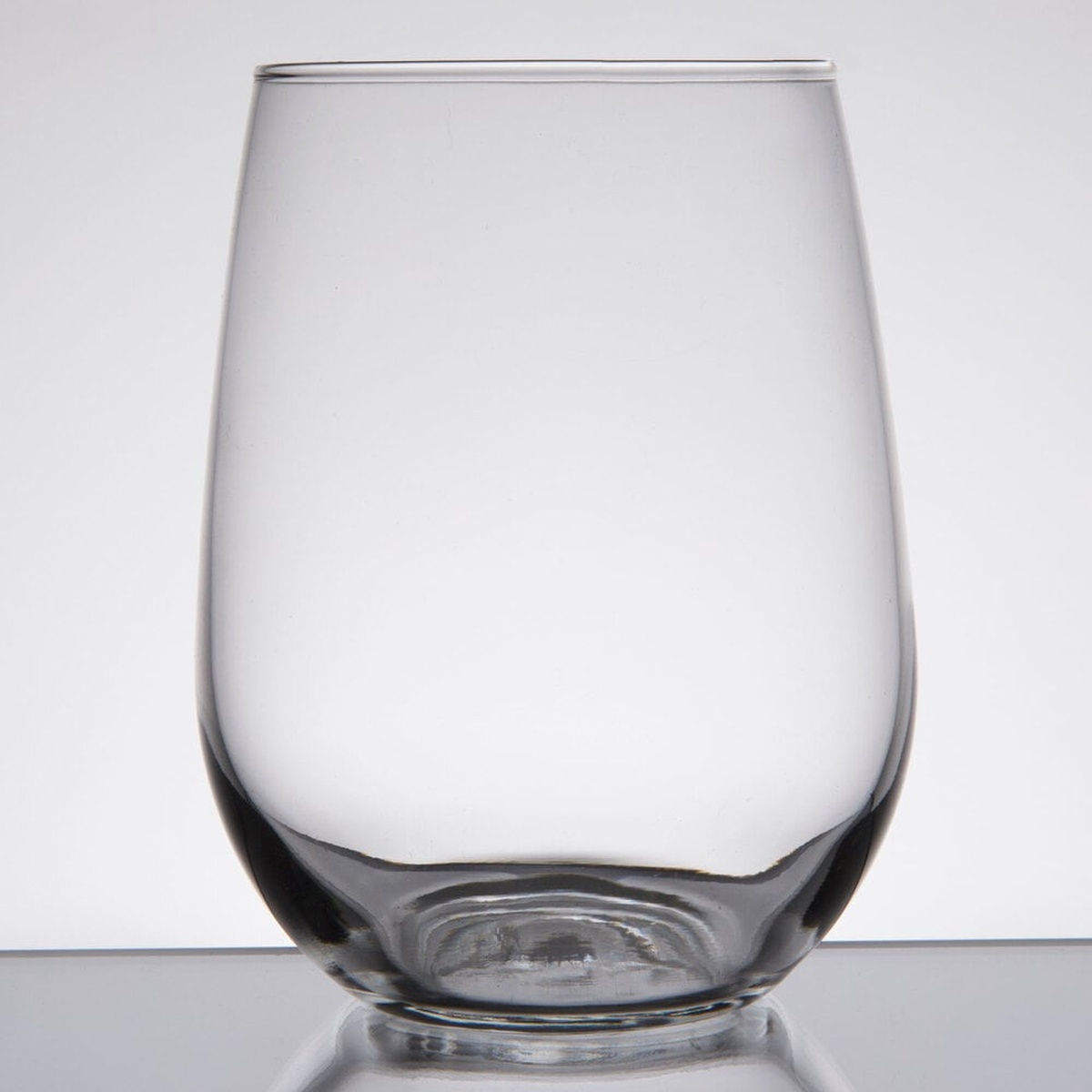 Libbey 221 stemless white wine glass angled view showing slender bowl profile