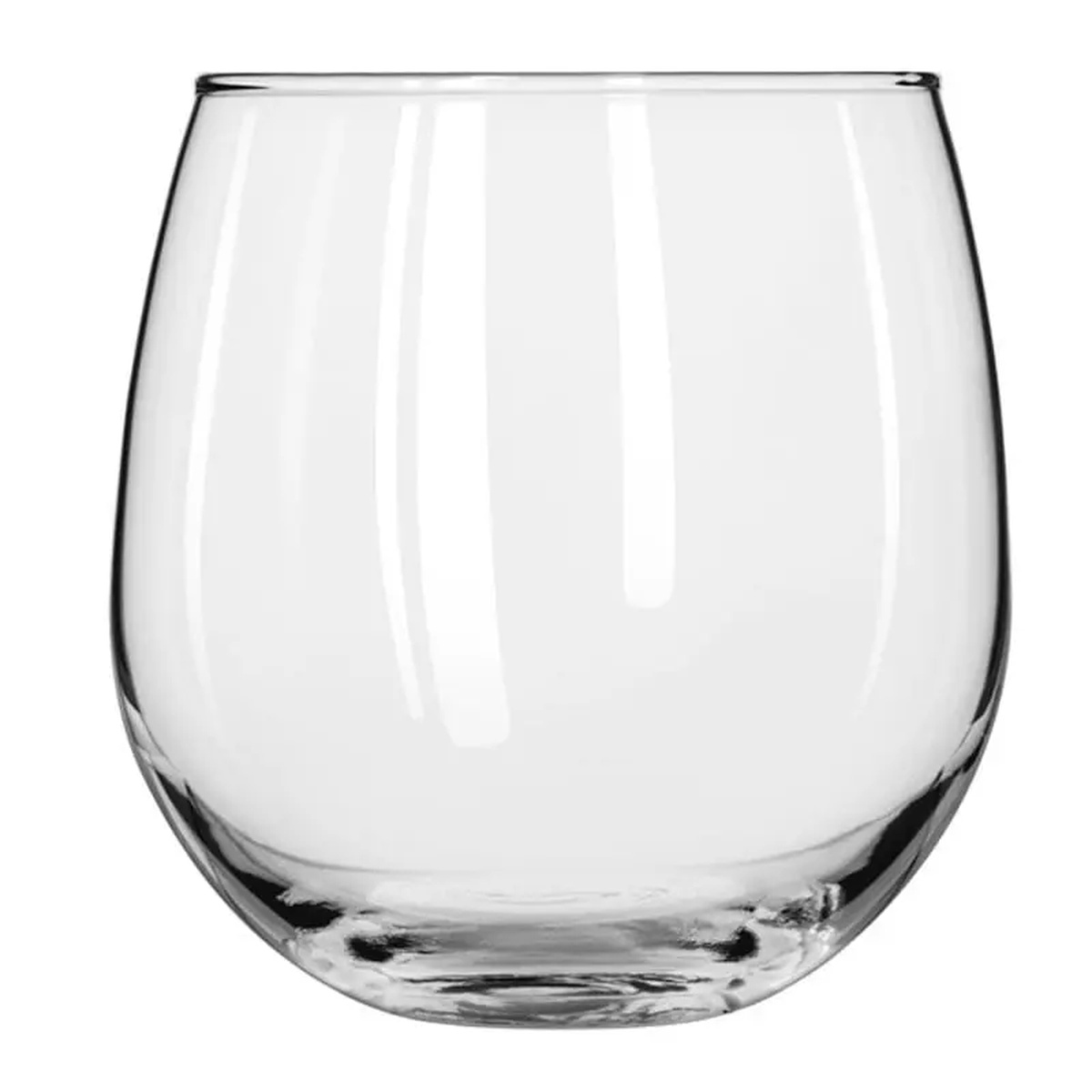 Libbey 222 clear stemless red wine glass on white background