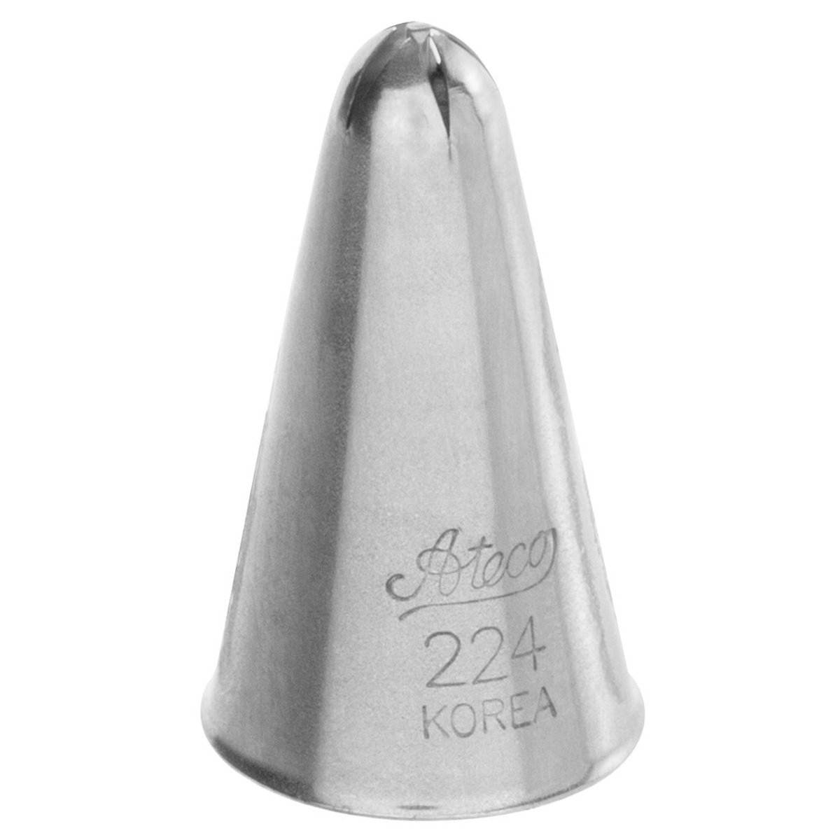 Ateco 224 stainless steel drop flower piping tip, cone-shaped with 5-pointed opening, engraved with Ateco 224 Korea
