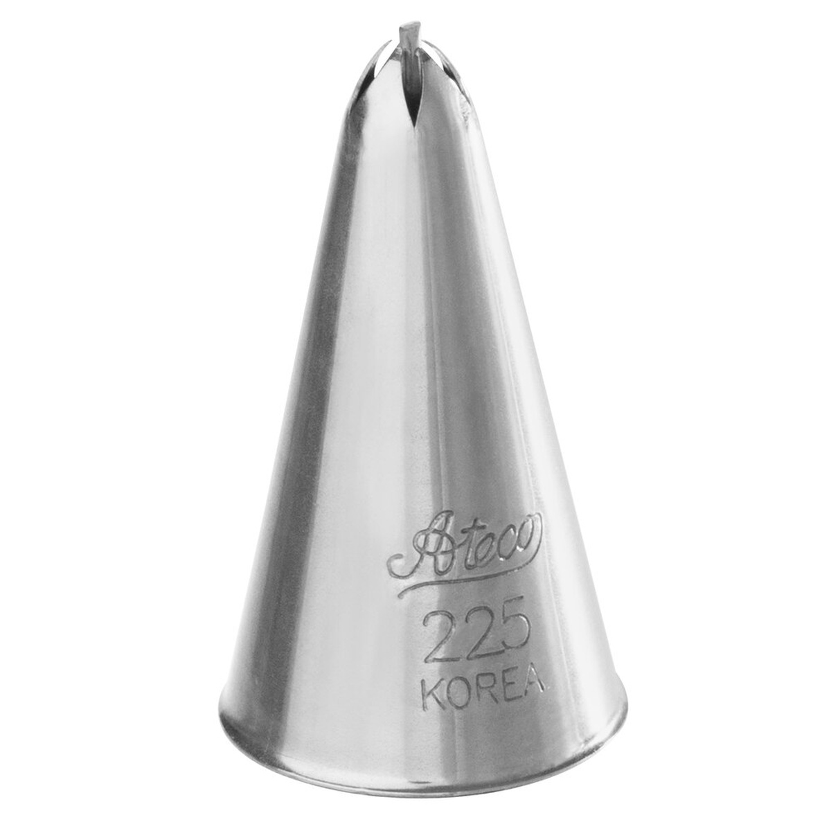 Ateco 225 stainless steel drop flower piping tip showing engraved Ateco logo and number 225