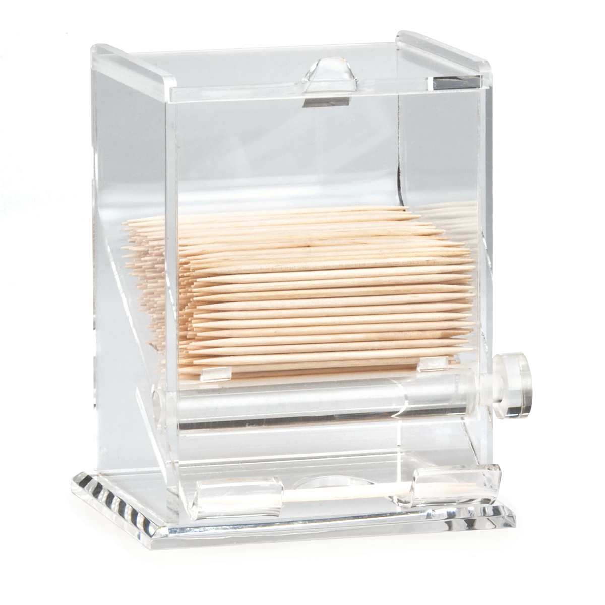 TableCraft 228 clear acrylic toothpick dispenser filled with toothpicks, shown on white background