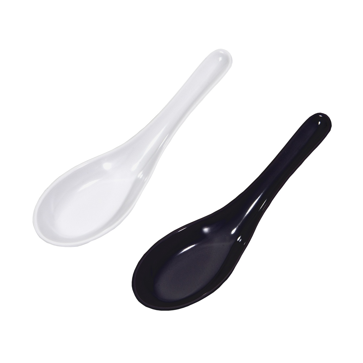 Town melamine Chinese soup spoons shown in white and black color variants side by side
